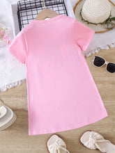1pc Girls' Casual Cat, Flower & English Letter Print Short Sleeve Denim-Like Dress, Summer